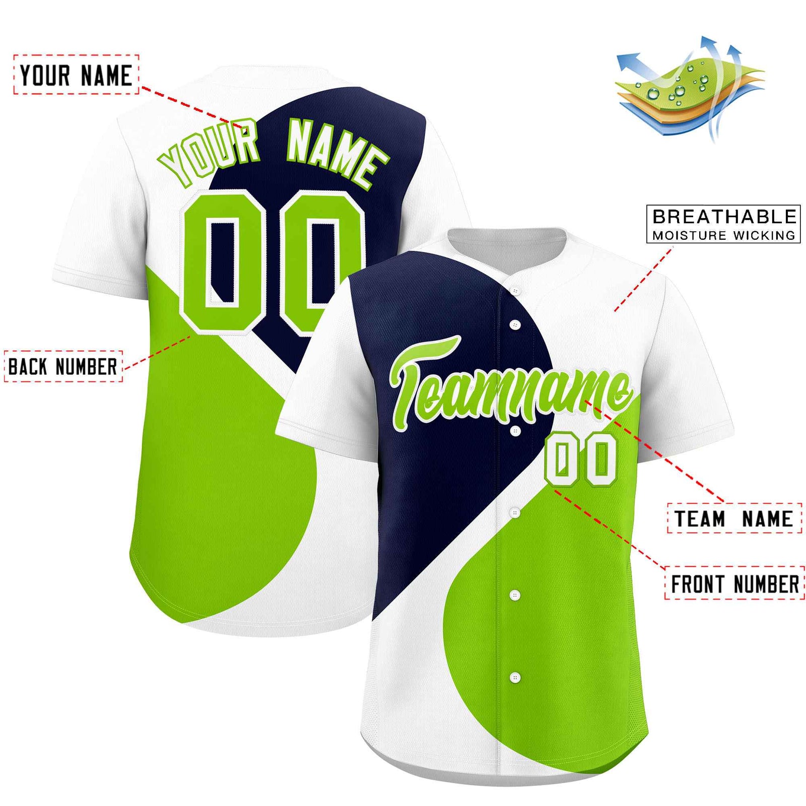 Custom White Navy-Neon Green Color Block Personalized Half Heart Pattern Authentic Baseball Jersey