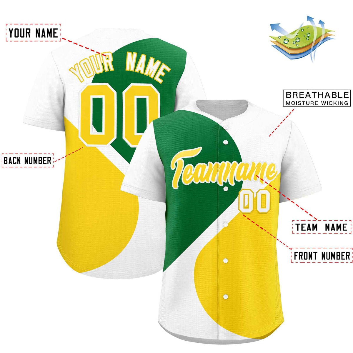 Custom White Kelly Green-Gold Color Block Personalized Half Heart Pattern Authentic Baseball Jersey