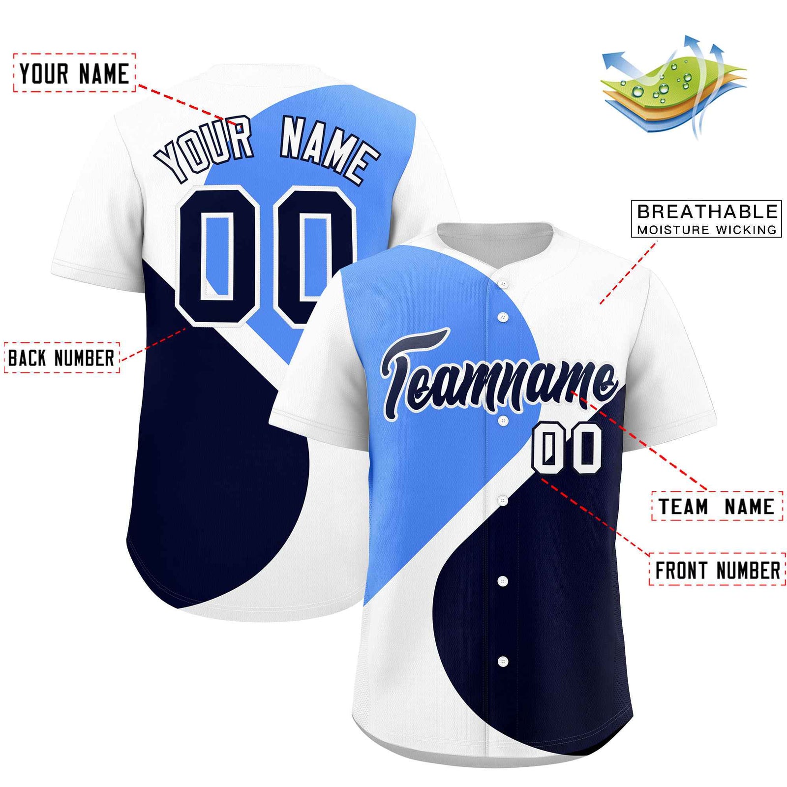 Custom White Powder Blue-Navy Color Block Personalized Half Heart Pattern Authentic Baseball Jersey