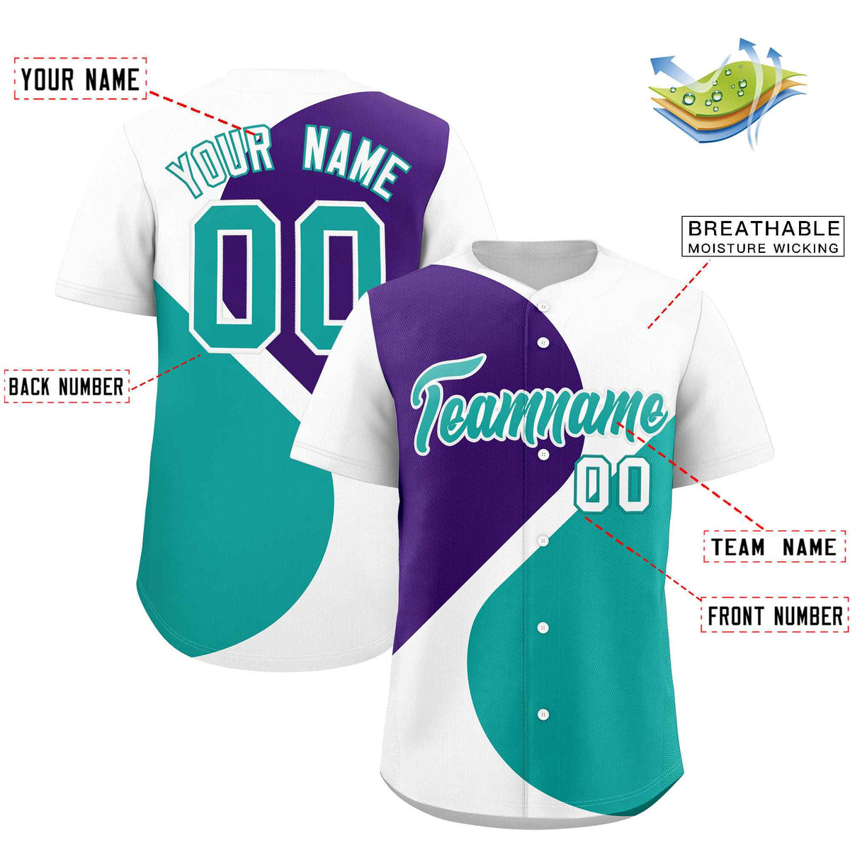 Custom White Purple-Aqua Color Block Personalized Half Heart Pattern Authentic Baseball Jersey