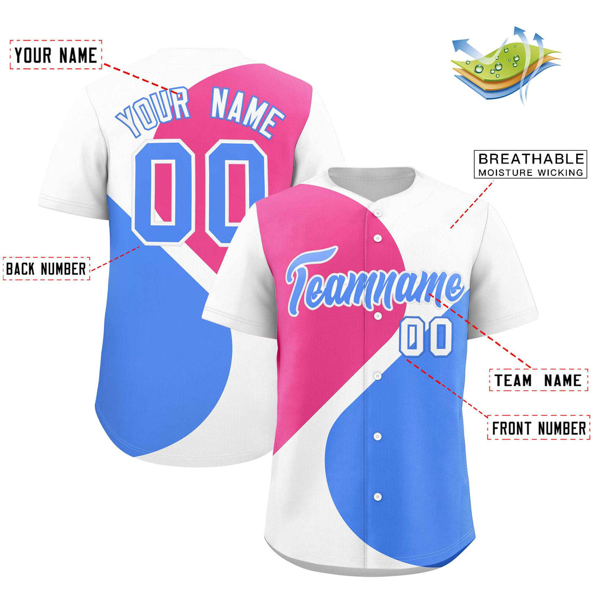 Custom White Pink-Powder Blue Color Block Personalized Half Heart Pattern Authentic Baseball Jersey