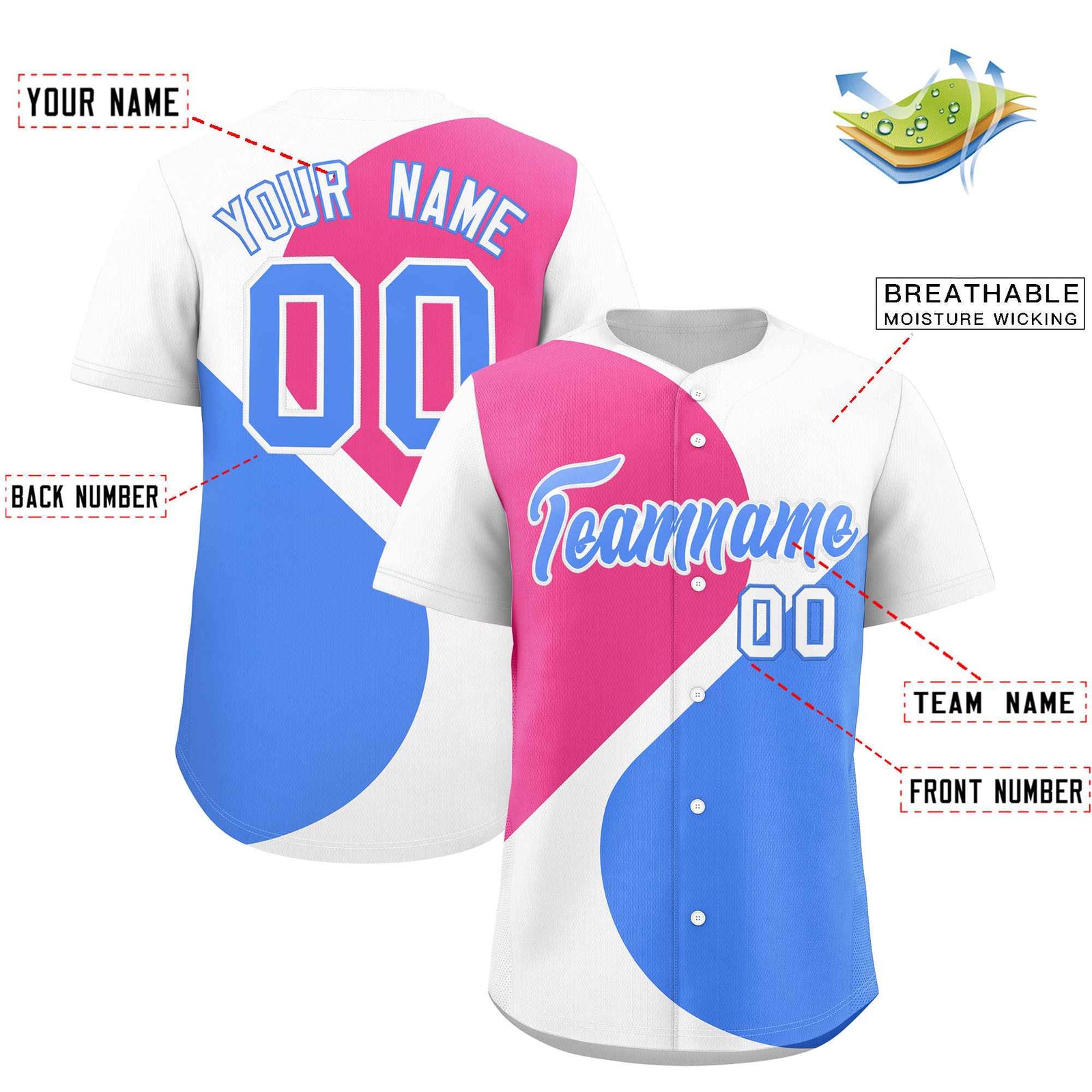 Custom White Pink-Powder Blue Color Block Personalized Half Heart Pattern Authentic Baseball Jersey