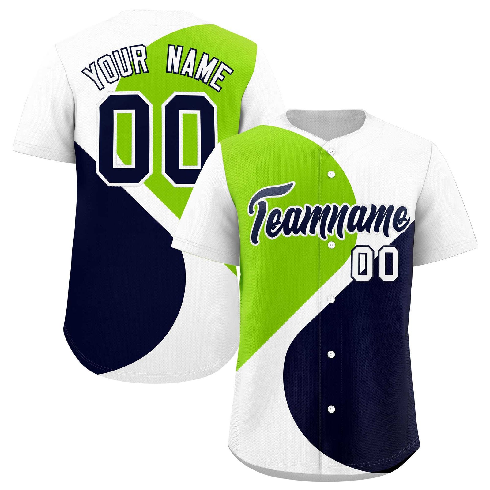 Custom White Neon Green-Navy Color Block Personalized Half Heart Pattern Authentic Baseball Jersey