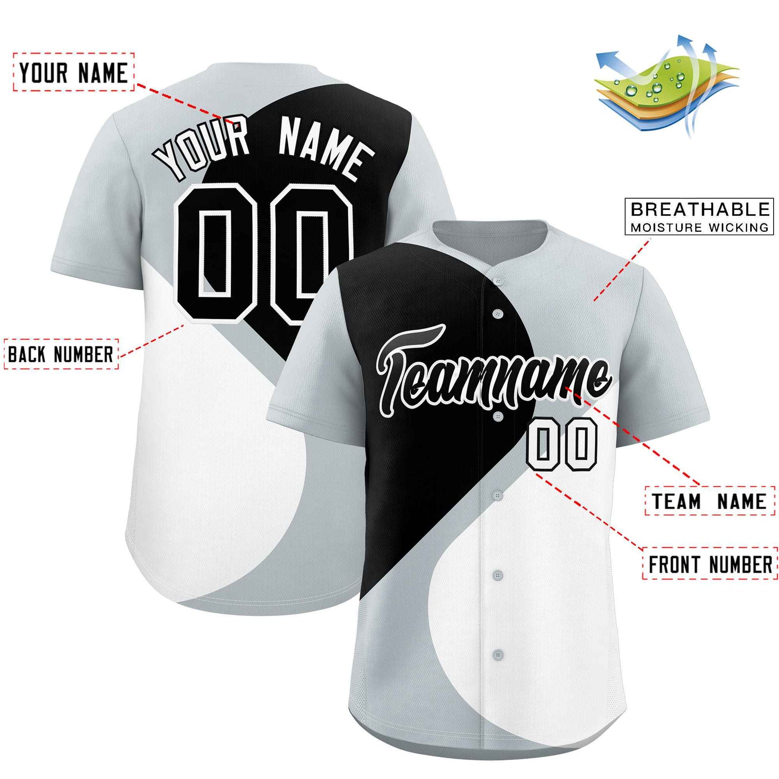 Custom Silver Black-White Color Block Personalized Half Heart Pattern Authentic Baseball Jersey