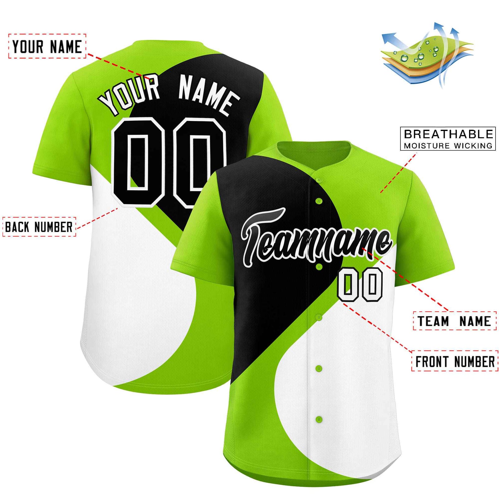 Custom Neon Green Black-White Color Block Personalized Half Heart Pattern Authentic Baseball Jersey