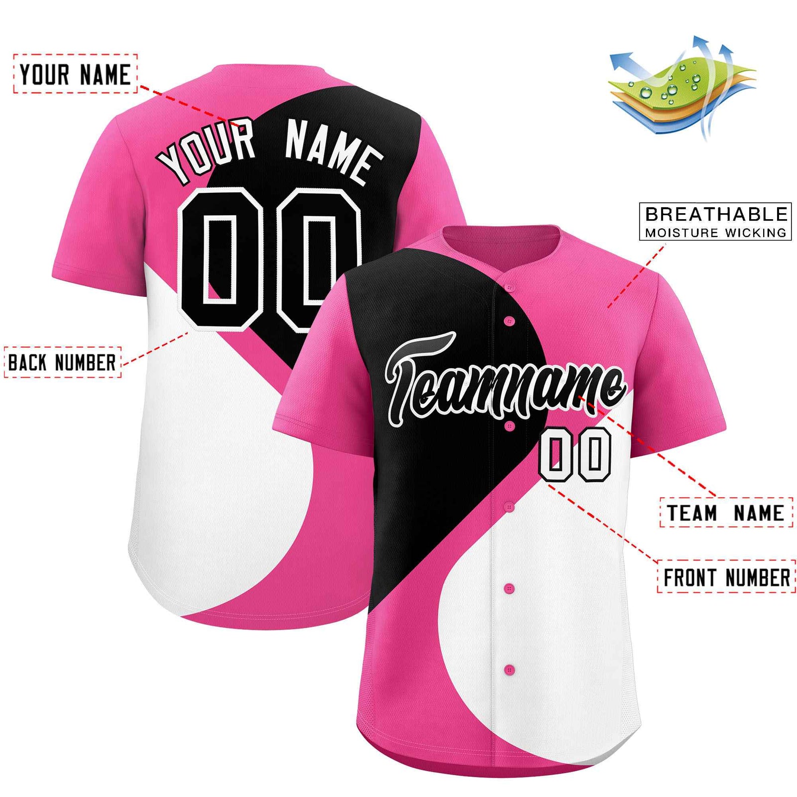 Custom Pink Black-White Color Block Personalized Half Heart Pattern Authentic Baseball Jersey