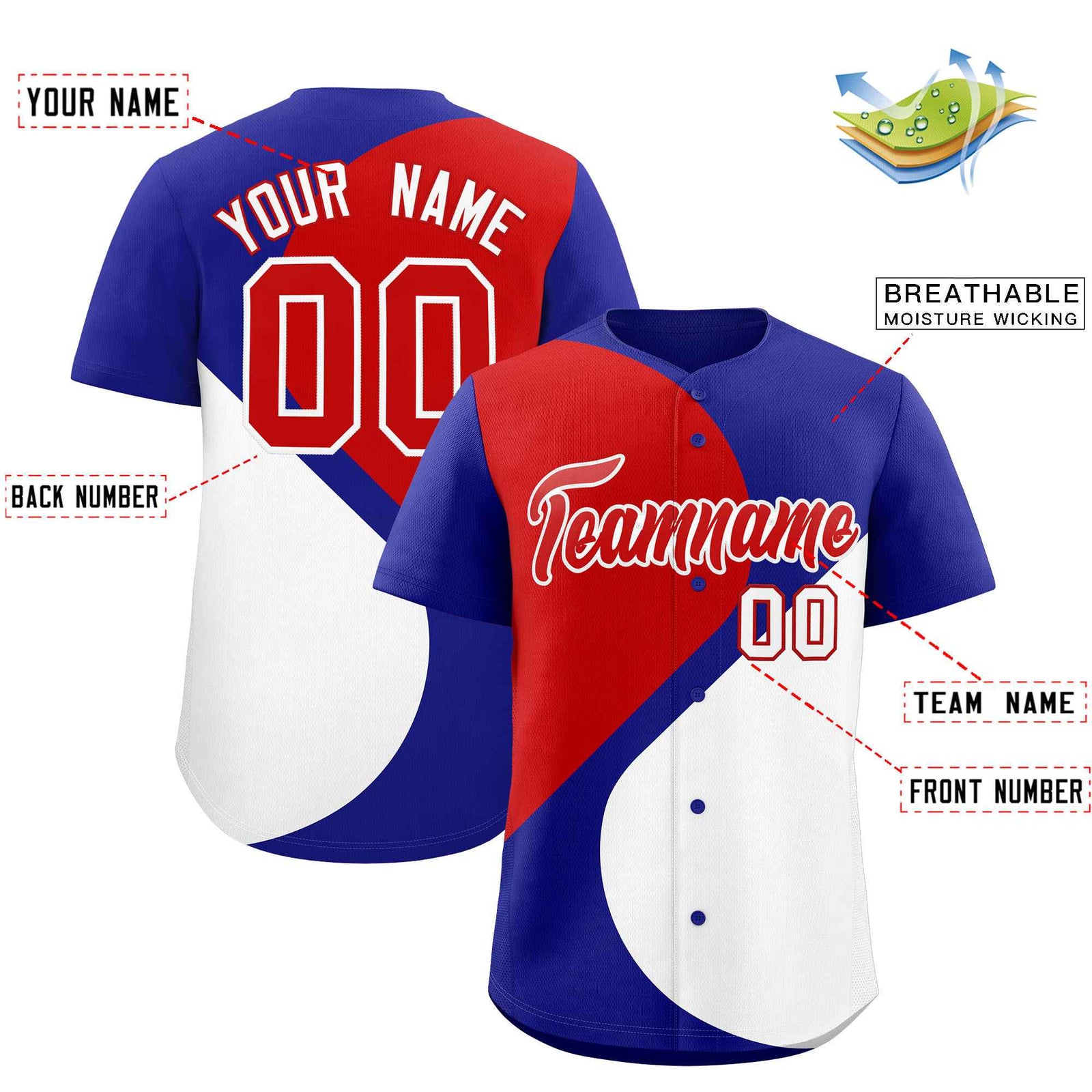 Custom Royal Red-White Color Block Personalized Half Heart Pattern Authentic Baseball Jersey
