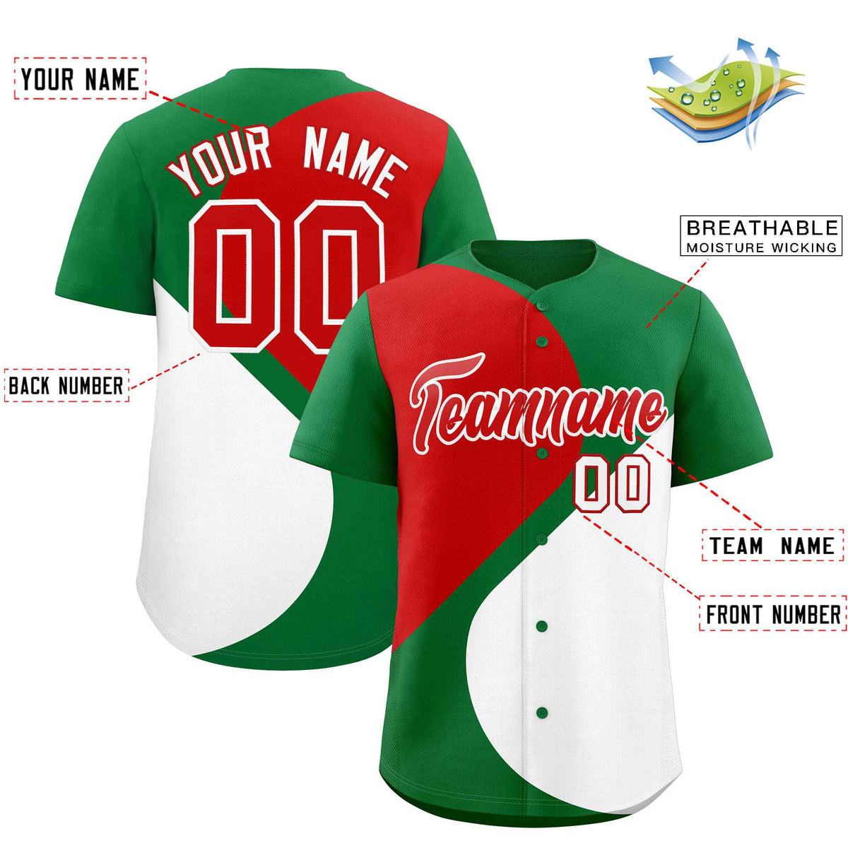 Custom Kelly Green Red-White Color Block Personalized Half Heart Pattern Authentic Baseball Jersey