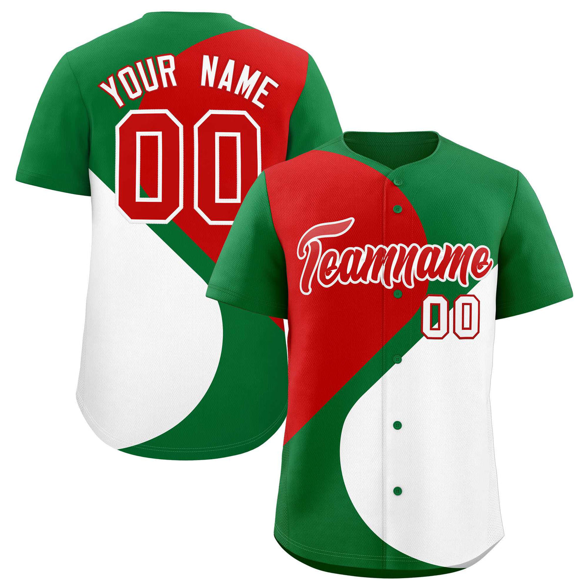 Custom Kelly Green Red-White Color Block Personalized Half Heart Pattern Authentic Baseball Jersey
