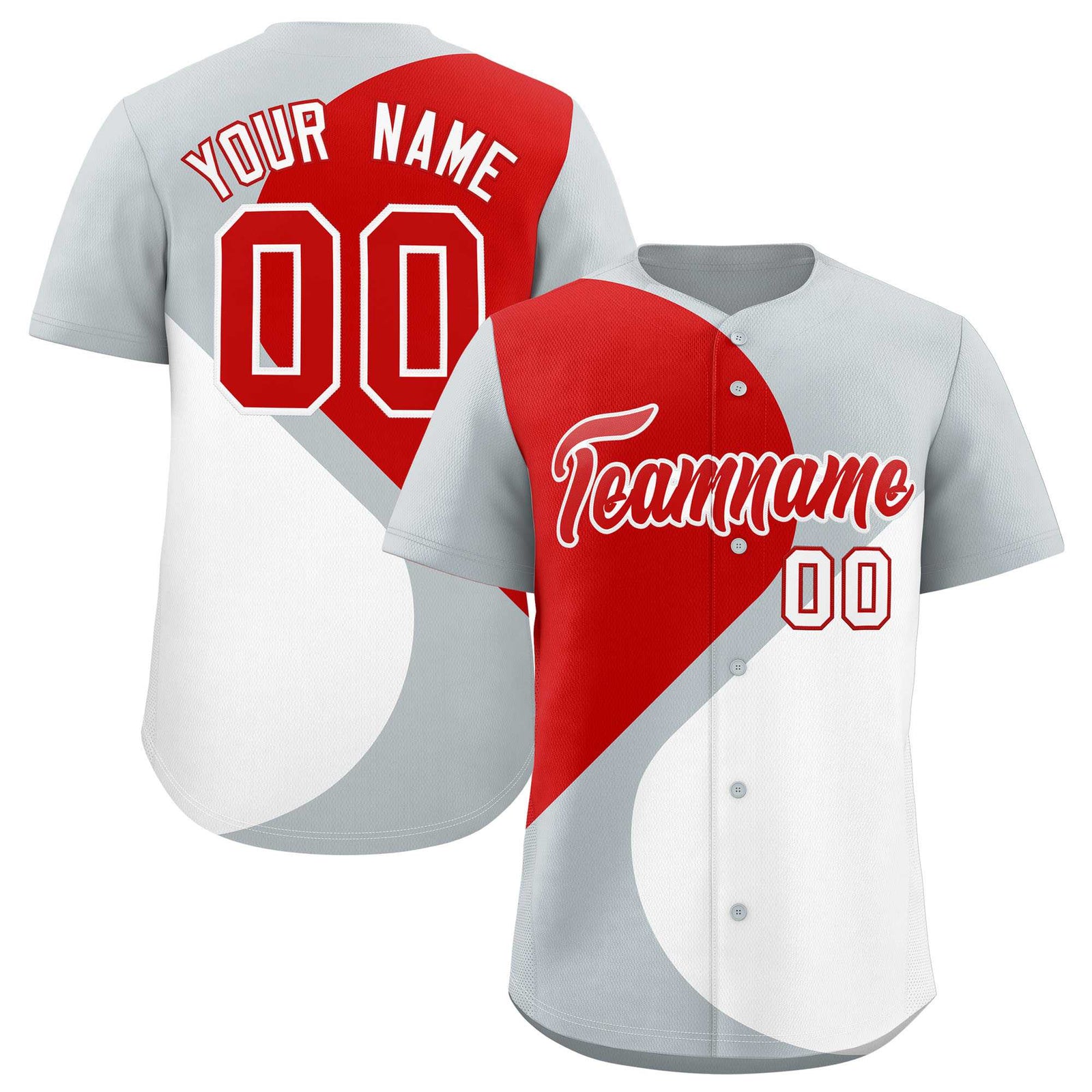 Custom Silver Red-White Color Block Personalized Half Heart Pattern Authentic Baseball Jersey