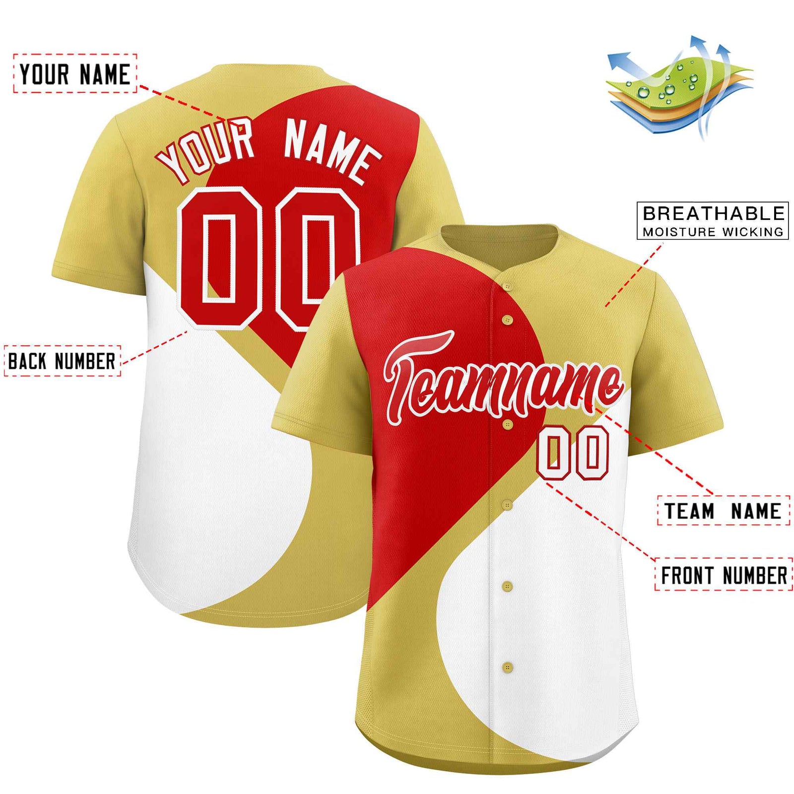 Custom Old Gold Red-White Color Block Personalized Half Heart Pattern Authentic Baseball Jersey