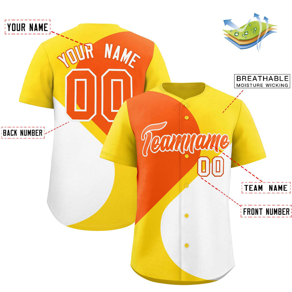 Custom Gold Orange-White Color Block Personalized Half Heart Pattern Authentic Baseball Jersey