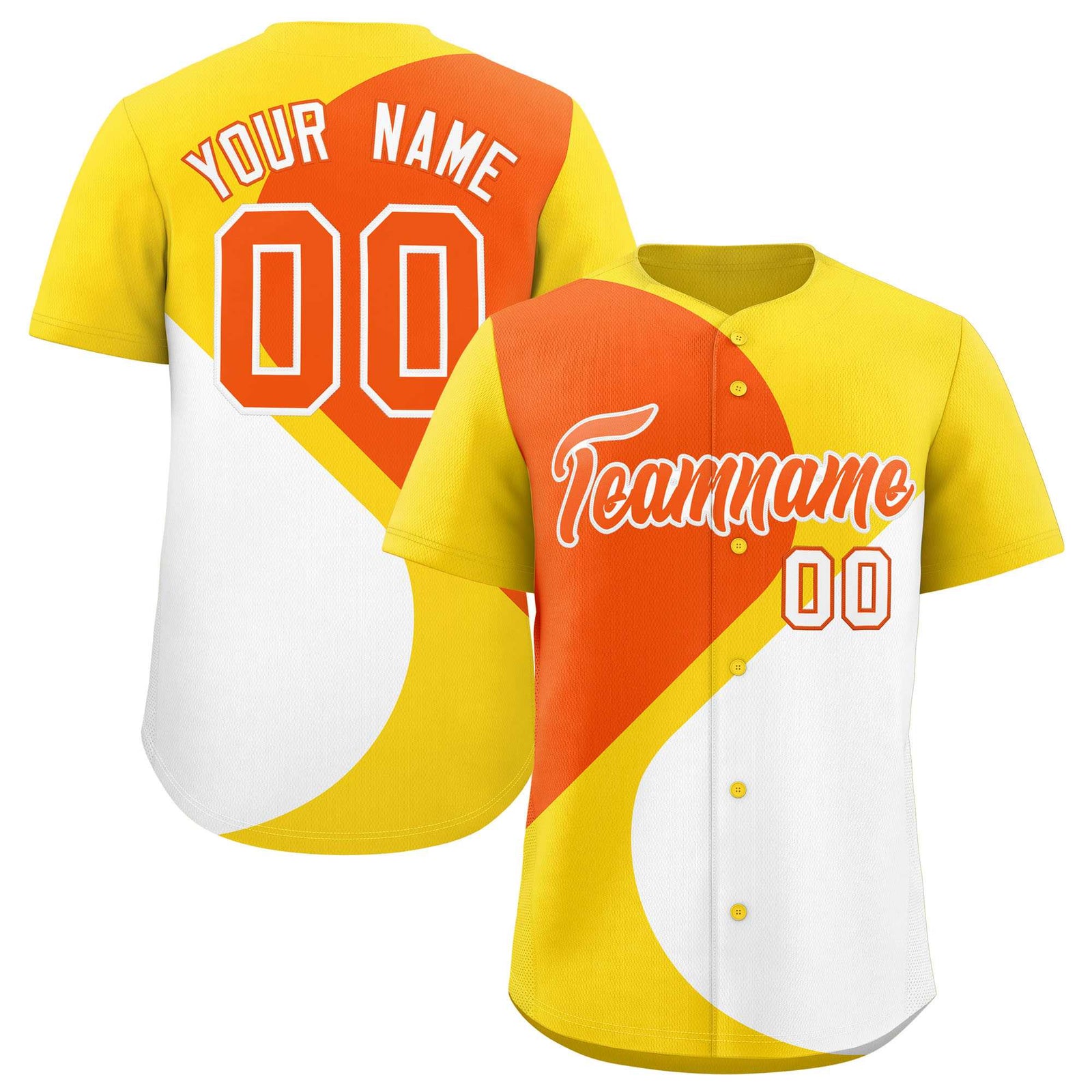 Custom Gold Orange-White Color Block Personalized Half Heart Pattern Authentic Baseball Jersey
