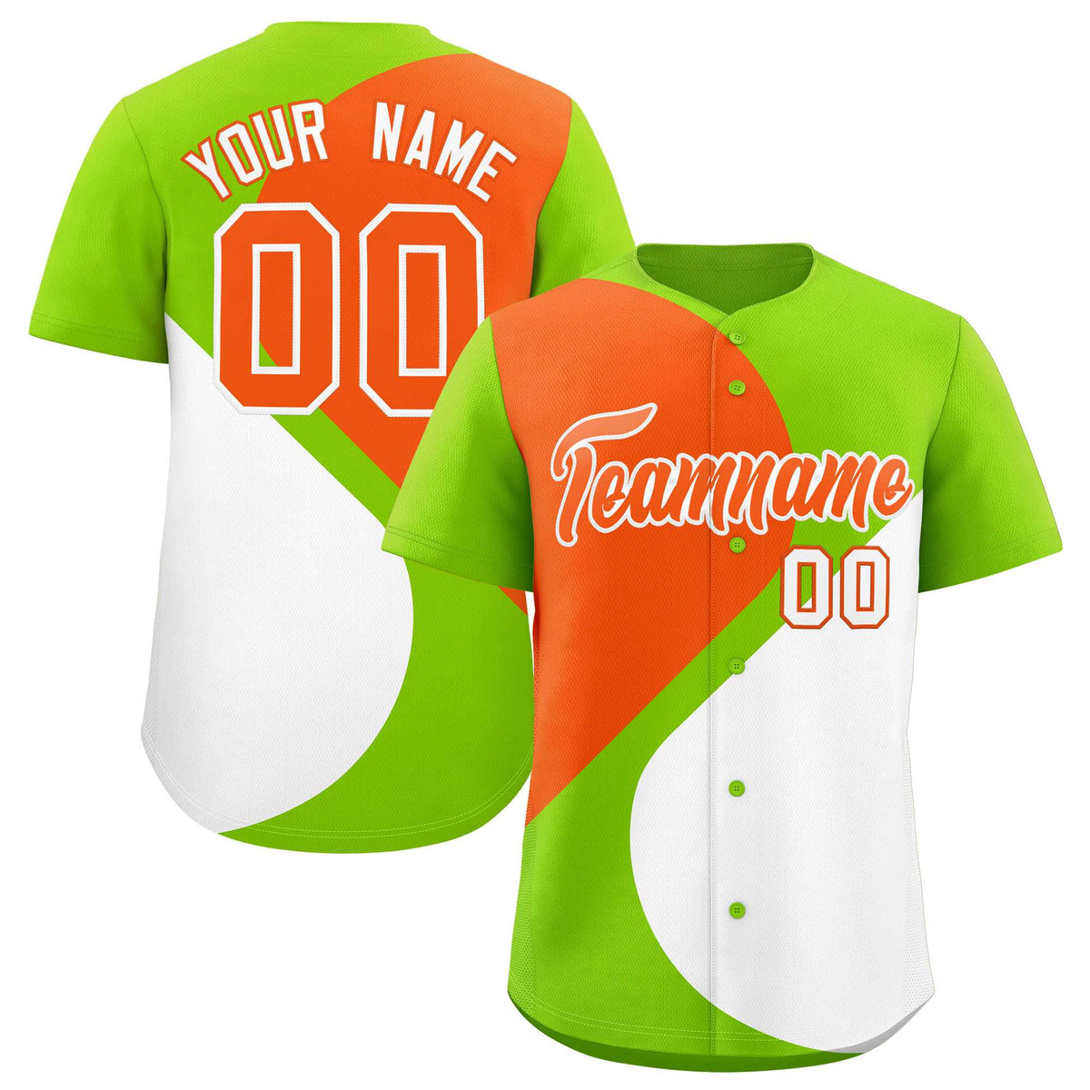 Custom Neon Green Orange-White Color Block Personalized Half Heart Pattern Authentic Baseball Jersey