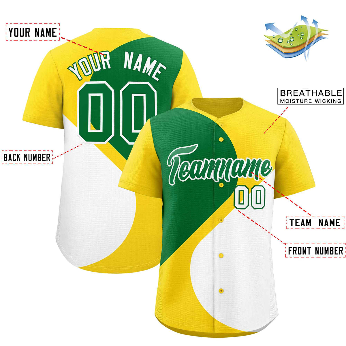 Custom Gold Kelly Green-White Color Block Personalized Half Heart Pattern Authentic Baseball Jersey