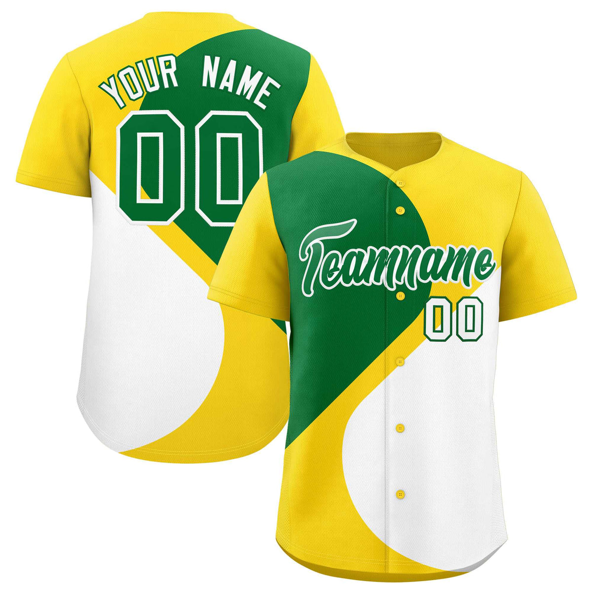 Custom Gold Kelly Green-White Color Block Personalized Half Heart Pattern Authentic Baseball Jersey