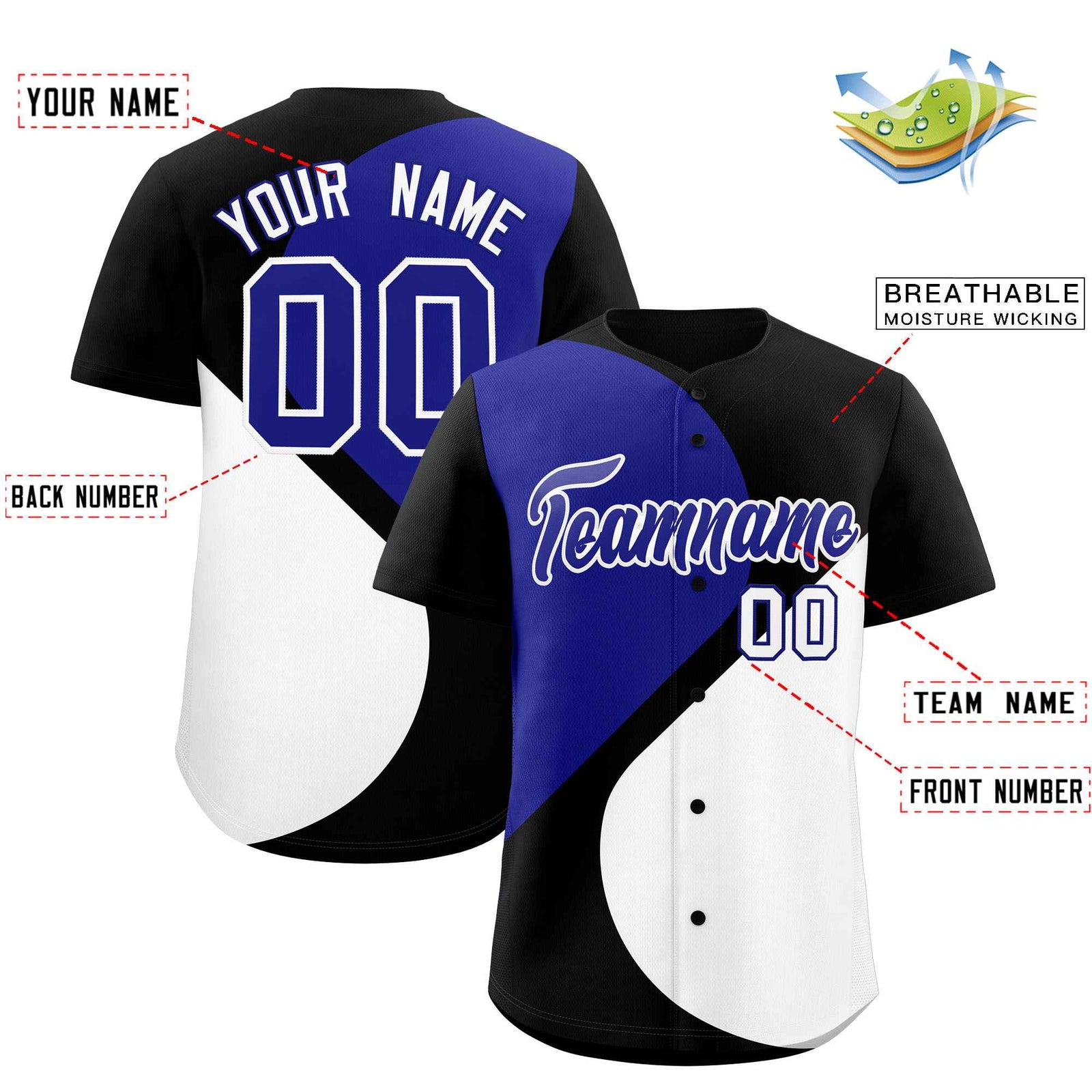 Custom Black Royal-White Color Block Personalized Half Heart Pattern Authentic Baseball Jersey