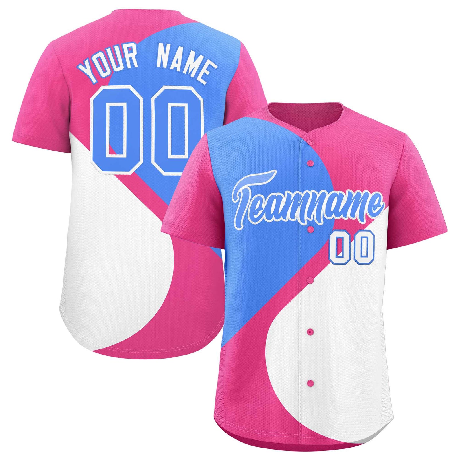Custom Pink Powder Blue-White Color Block Personalized Half Heart Pattern Authentic Baseball Jersey
