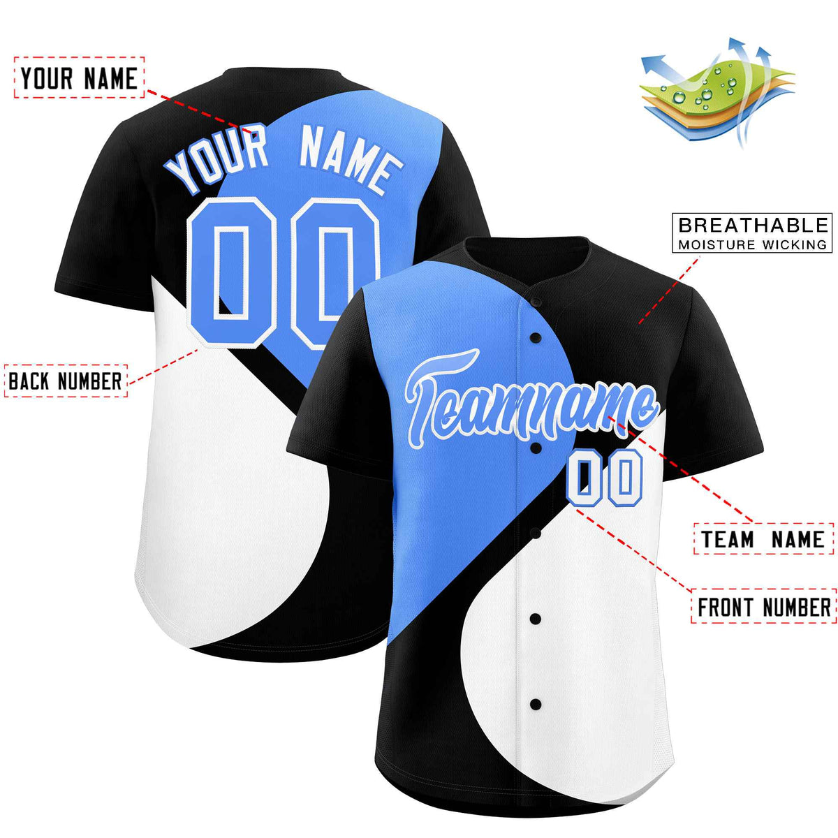 Custom Black Powder Blue-White Color Block Personalized Half Heart Pattern Authentic Baseball Jersey