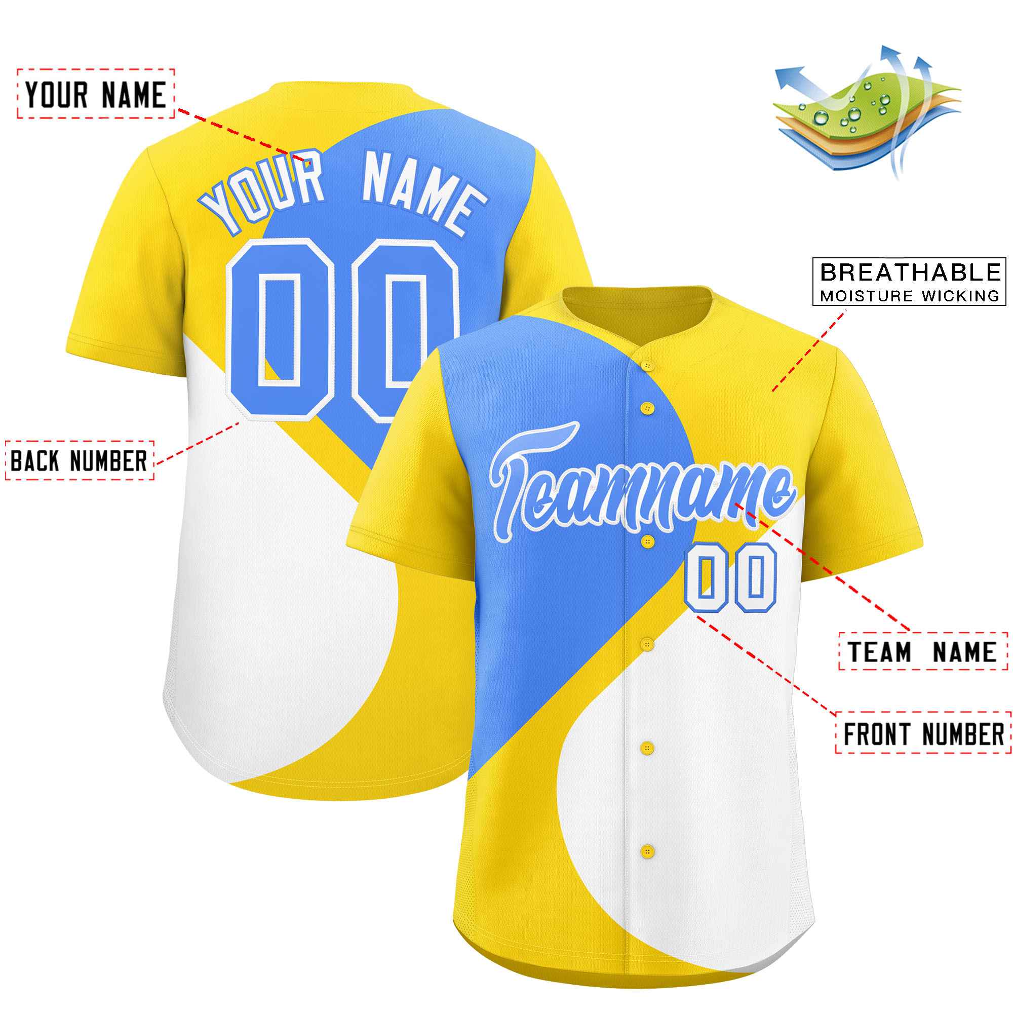 Custom Gold Powder Blue-White Color Block Personalized Half Heart Pattern Authentic Baseball Jersey