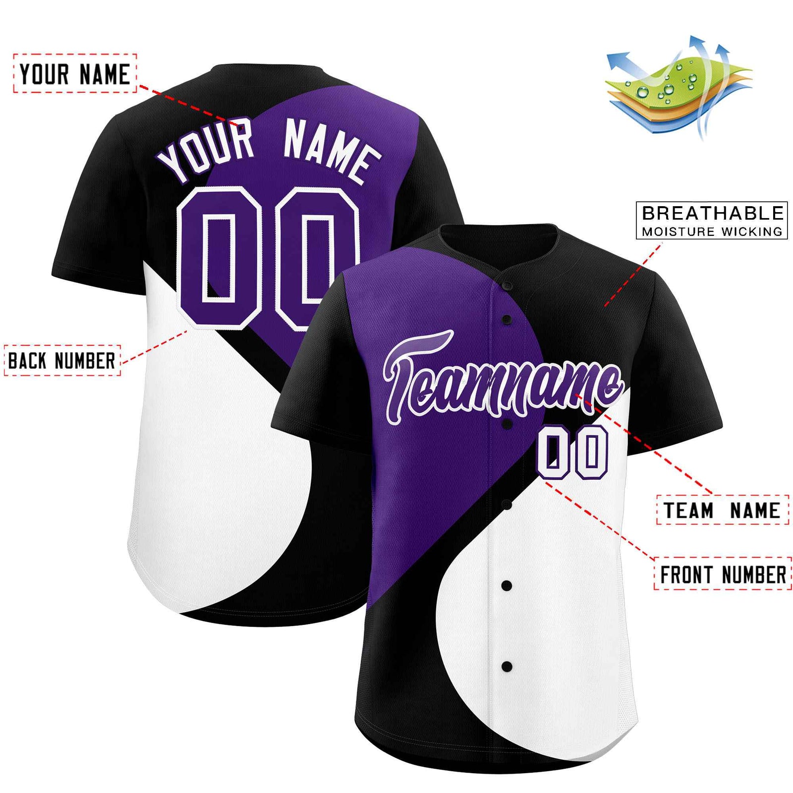Custom Black Purple-White Color Block Personalized Half Heart Pattern Authentic Baseball Jersey