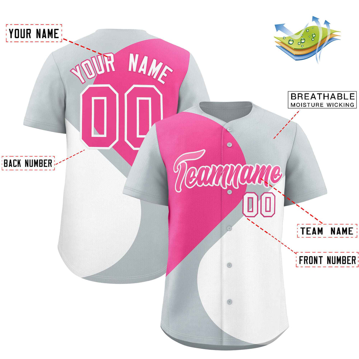 Custom Silver Pink-White Color Block Personalized Half Heart Pattern Authentic Baseball Jersey