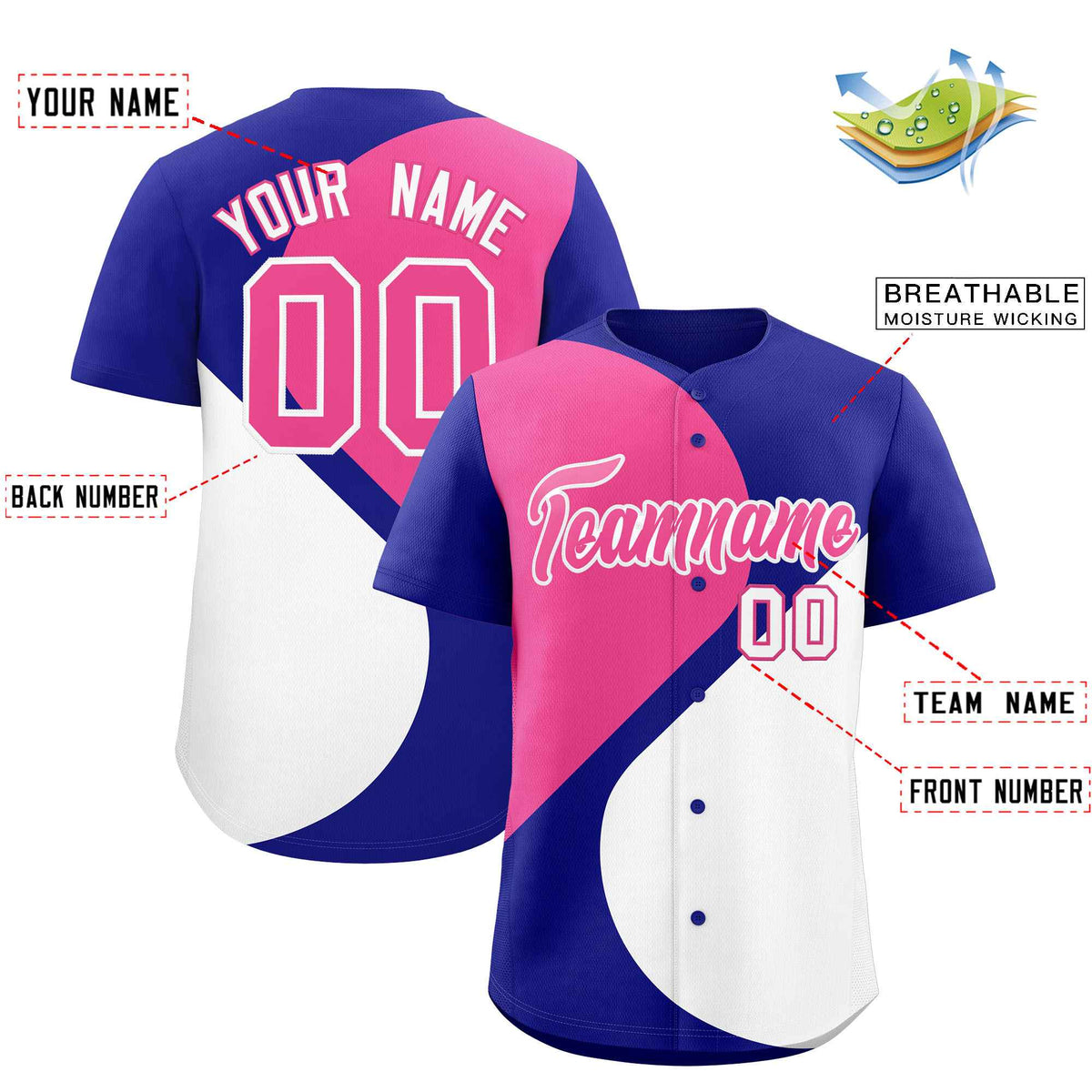 Custom Royal Pink-White Color Block Personalized Half Heart Pattern Authentic Baseball Jersey