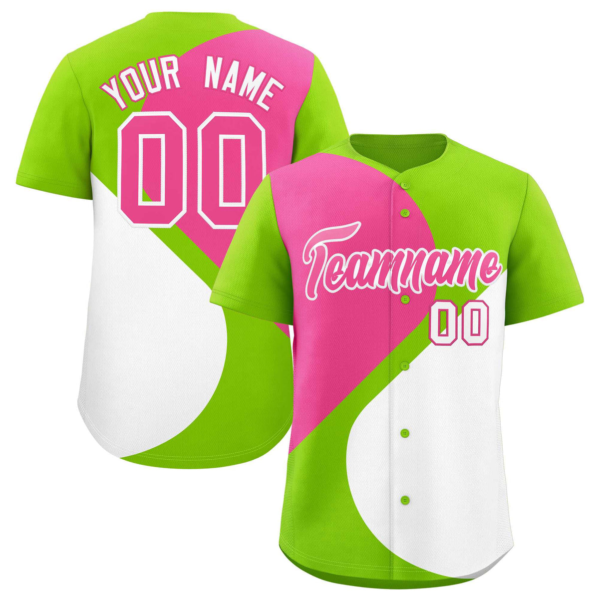 Custom Neon Green Pink-White Color Block Personalized Half Heart Pattern Authentic Baseball Jersey