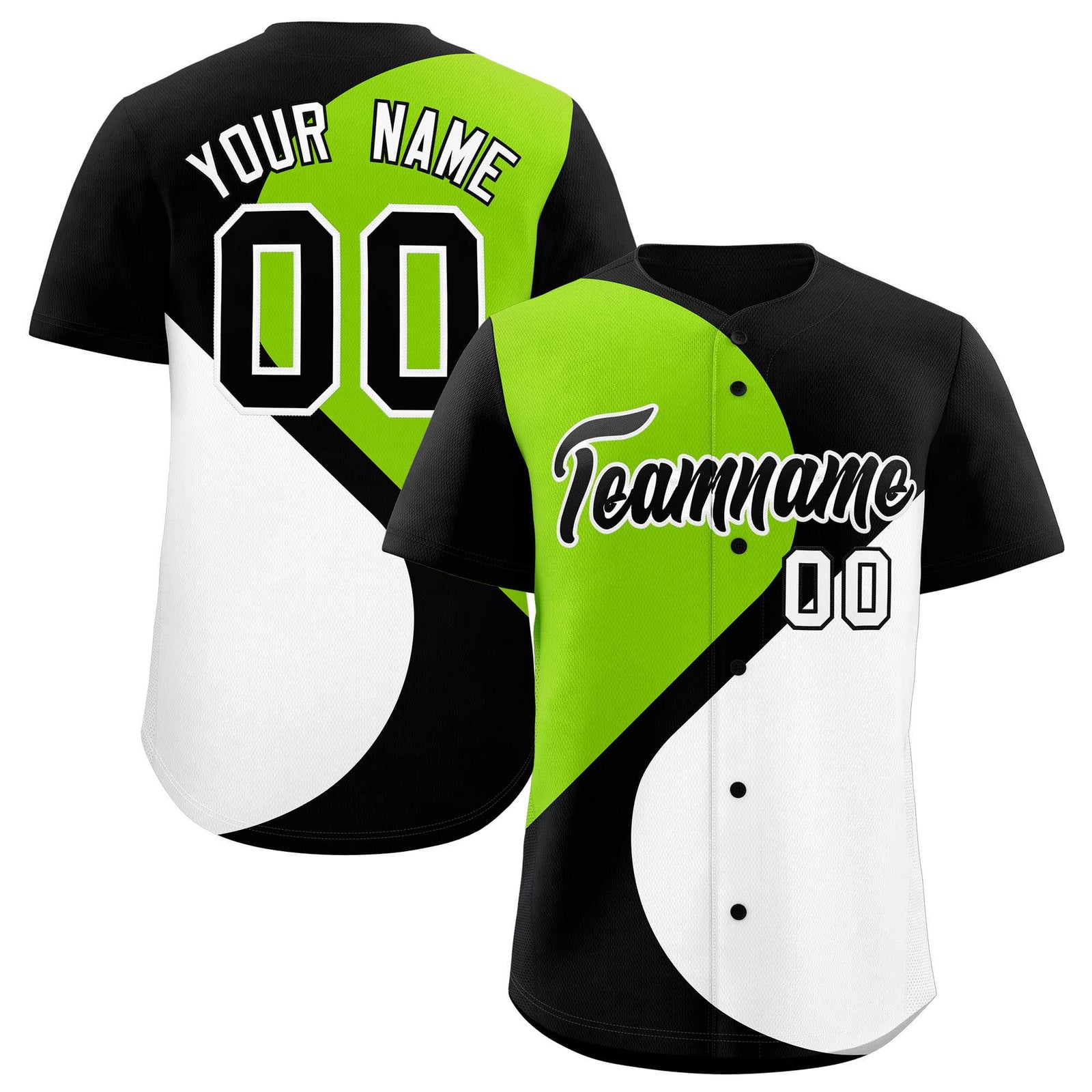 Custom Black Neon Green-White Color Block Personalized Half Heart Pattern Authentic Baseball Jersey