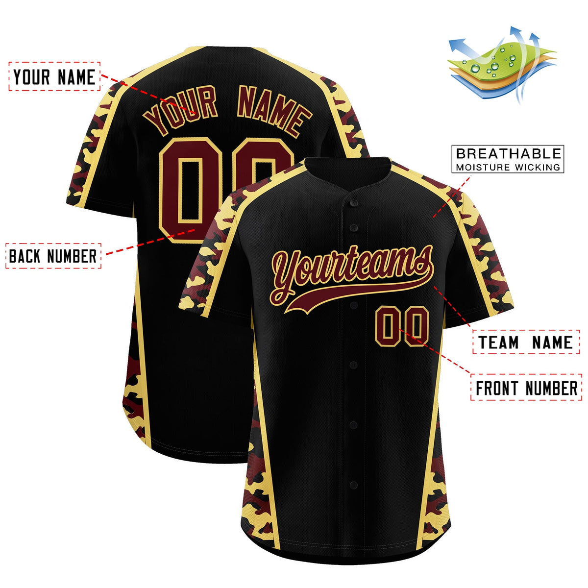 Custom Black Khaki Side Camo Style Personalization Baseball Jersey| KXKSHOP