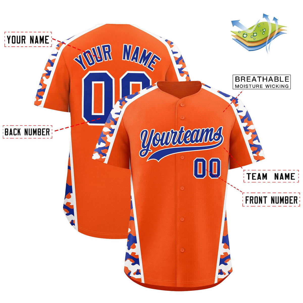 Custom Orange Royal Blue Side Camo Style Personalization Baseball Jersey| KXKSHOP
