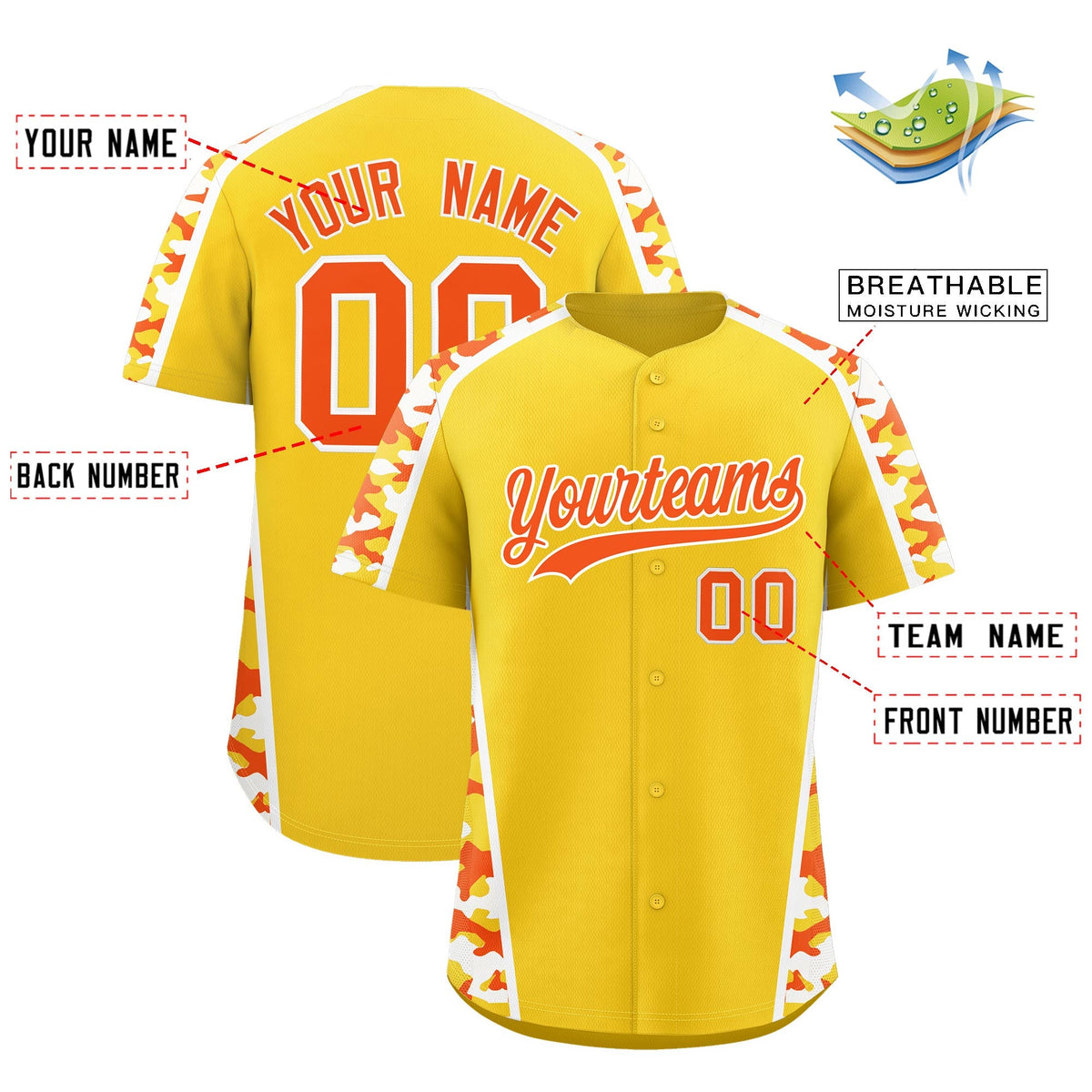 Custom Yellow Orange Side Camo Style Personalization Baseball Jersey| KXKSHOP