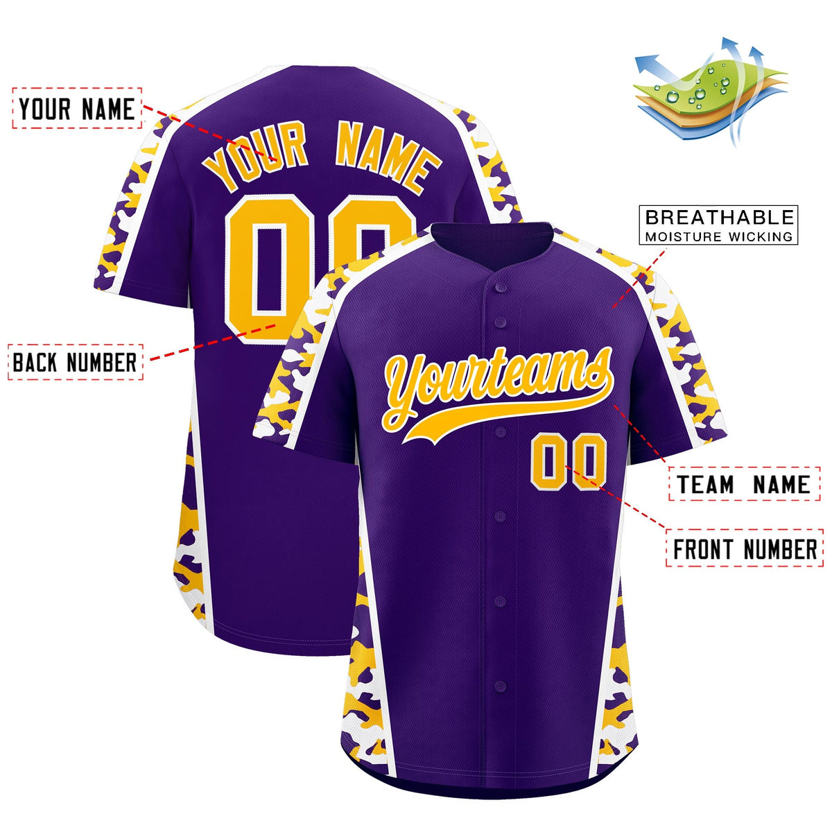 Custom Pink Yellow Side Camo Style Personalization Baseball Jersey| KXKSHOP