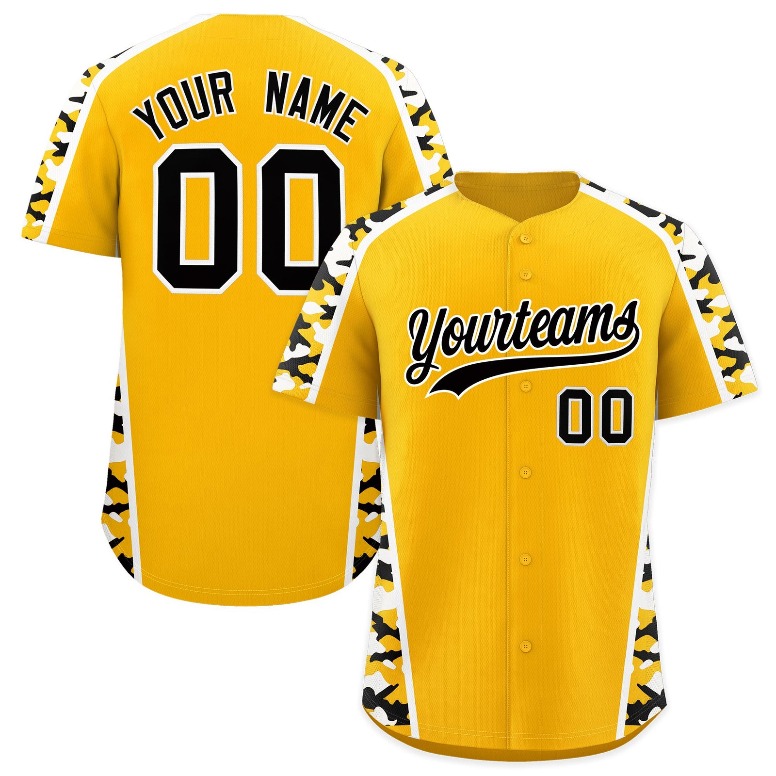 Custom Yellow Black Side Camo Style Personalization Baseball Jersey| KXKSHOP