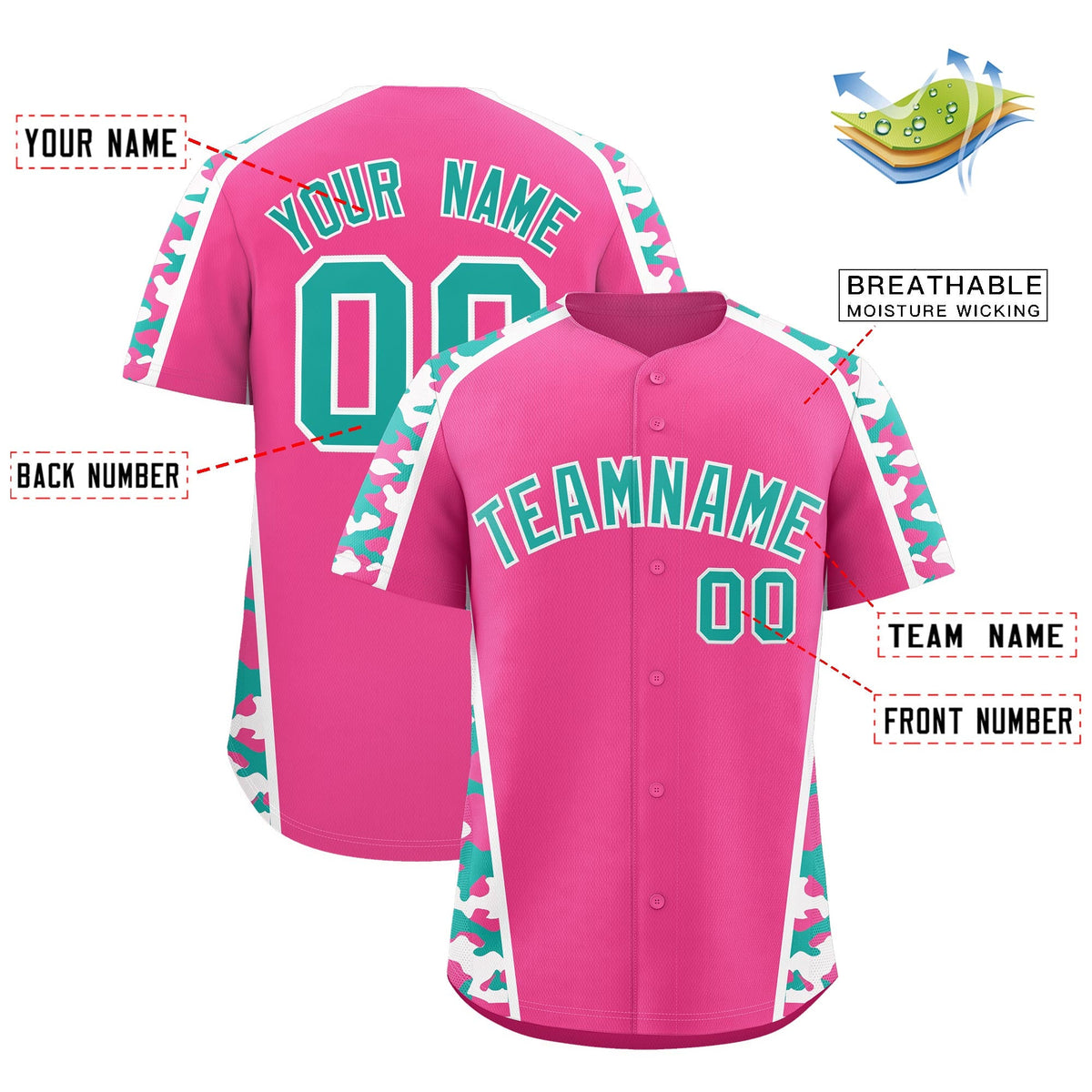 Custom Pink Aqua Side Camo Style Personalization Baseball Jersey| KXKSHOP
