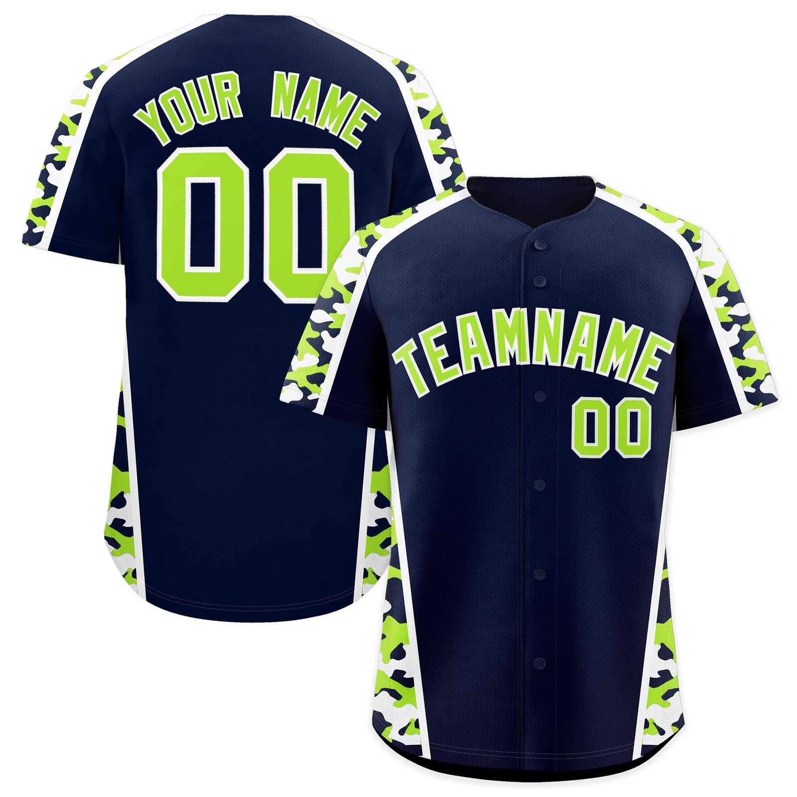 Custom Navy Neon Green Side Camo Style Personalization Baseball Jersey| KXKSHOP