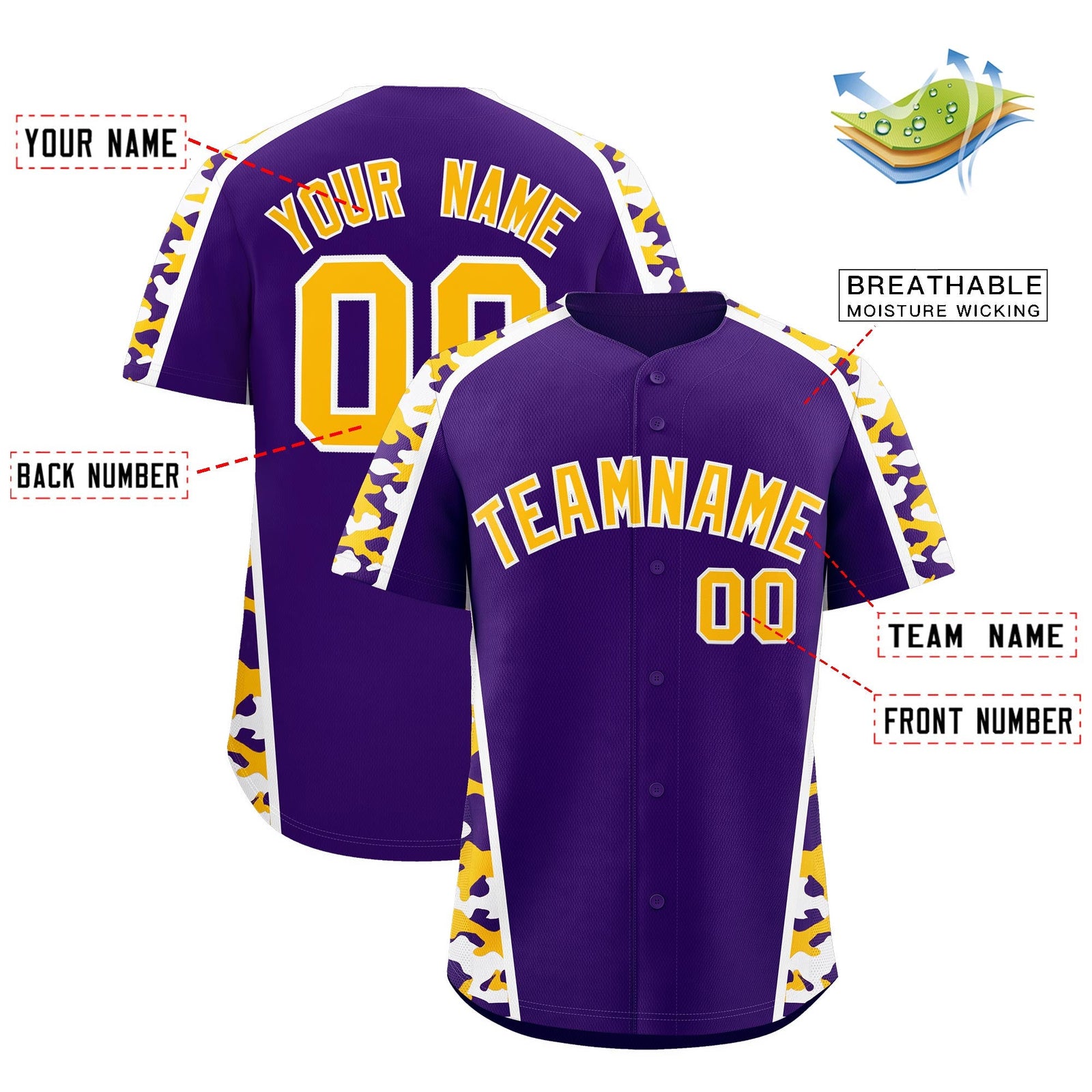 Custom Pink Yellow Side Camo Style Personalization Baseball Jersey| KXKSHOP
