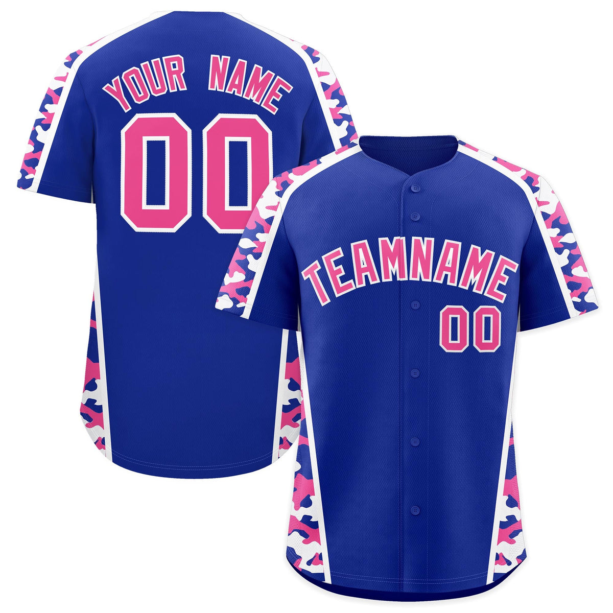 Custom Royal Blue Pink Side Camo Style Personalization Baseball Jersey| KXKSHOP