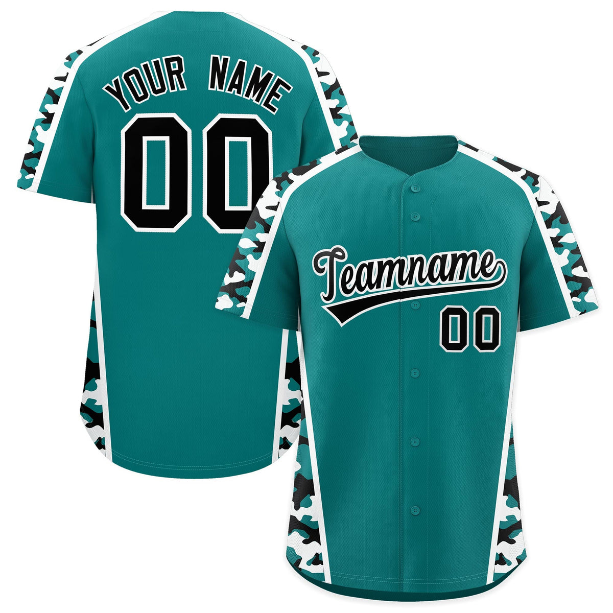 Custom Teal Black White Side Camo Style Personalization Baseball Jersey| KXKSHOP