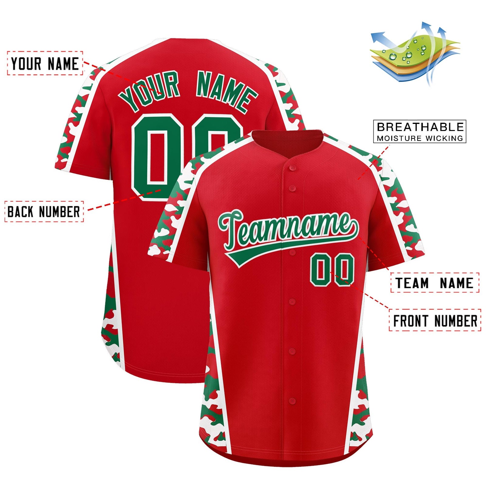 Custom Red Kelly Green Side Camo Style Personalization Baseball Jersey| KXKSHOP