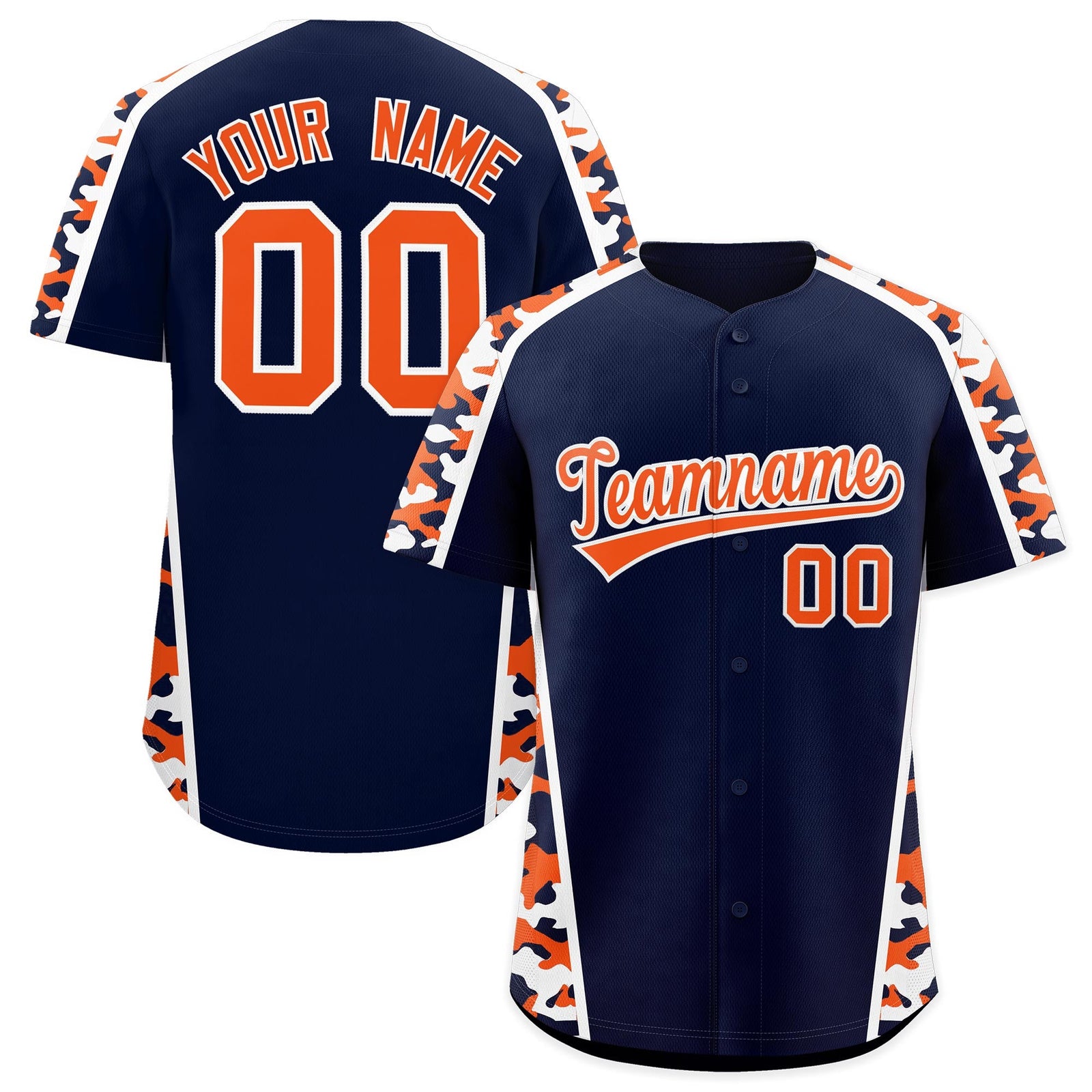 Custom Navy Orange Side Camo Style Personalization Baseball Jersey| KXKSHOP