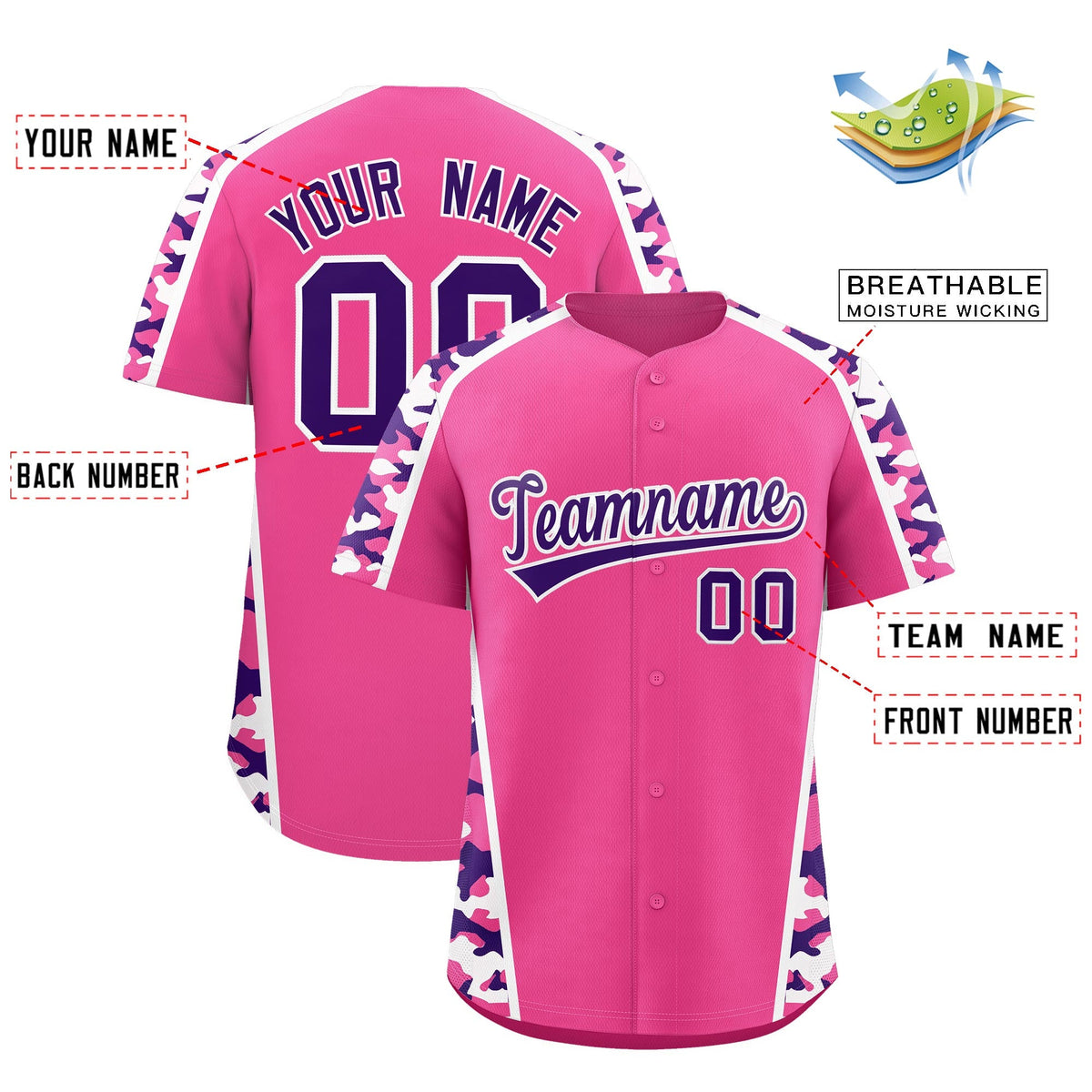 Custom Pink Purple Side Camo Style Personalization Baseball Jersey| KXKSHOP