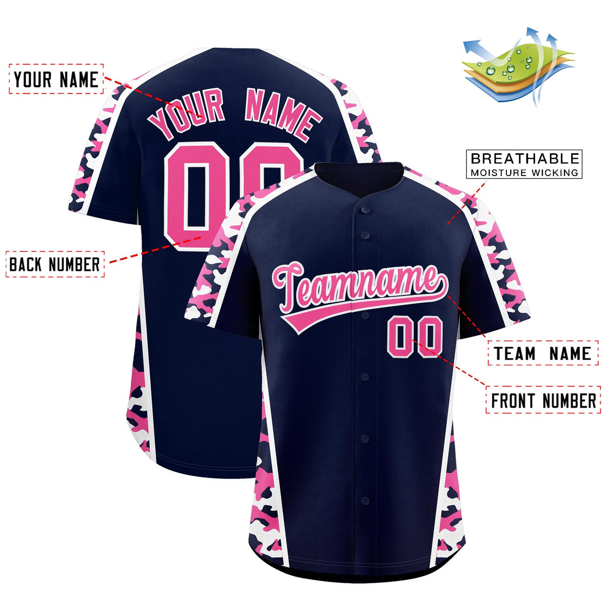 Custom Navy Pink Side Camo Style Personalization Baseball Jersey| KXKSHOP