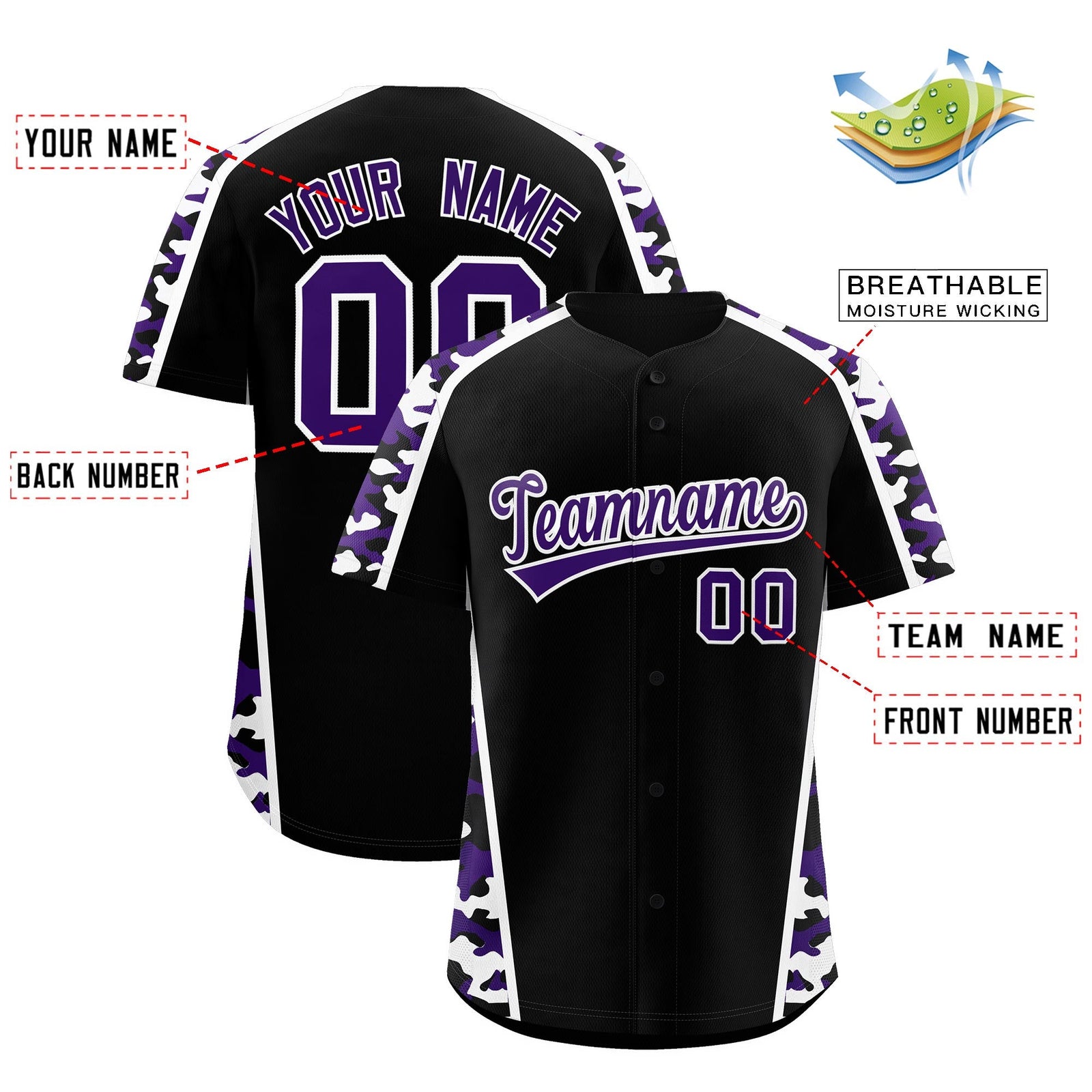 Custom Black Purple Side Camo Style Personalization Baseball Jersey| KXKSHOP