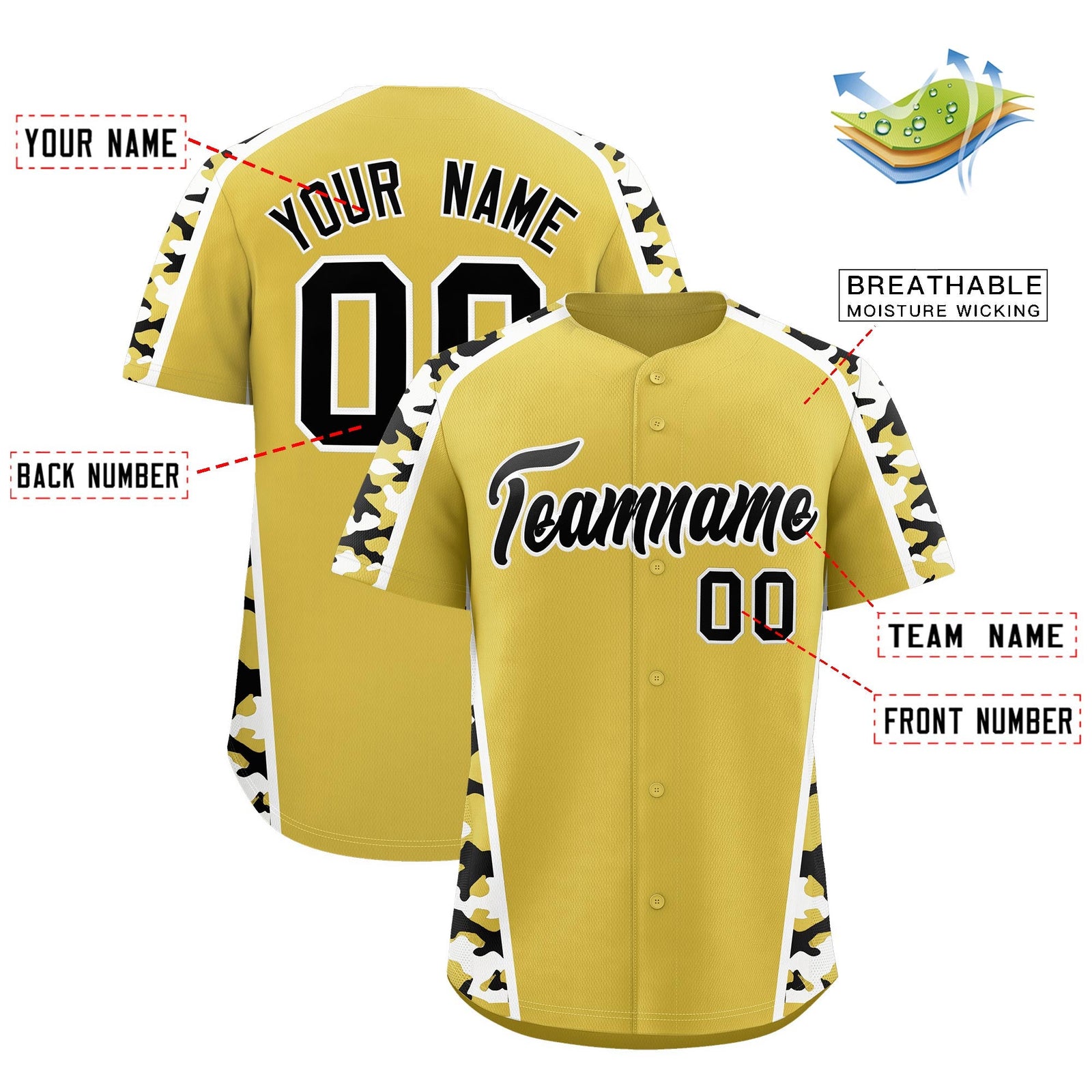 Custom Old Gold Black Side Camo Style Personalization Baseball Jersey| KXKSHOP
