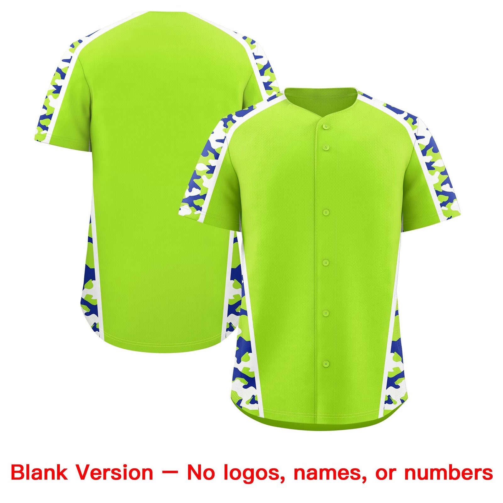 Custom Neon Green Royal Blue Side Camo Style Personalization Baseball Jersey| KXKSHOP