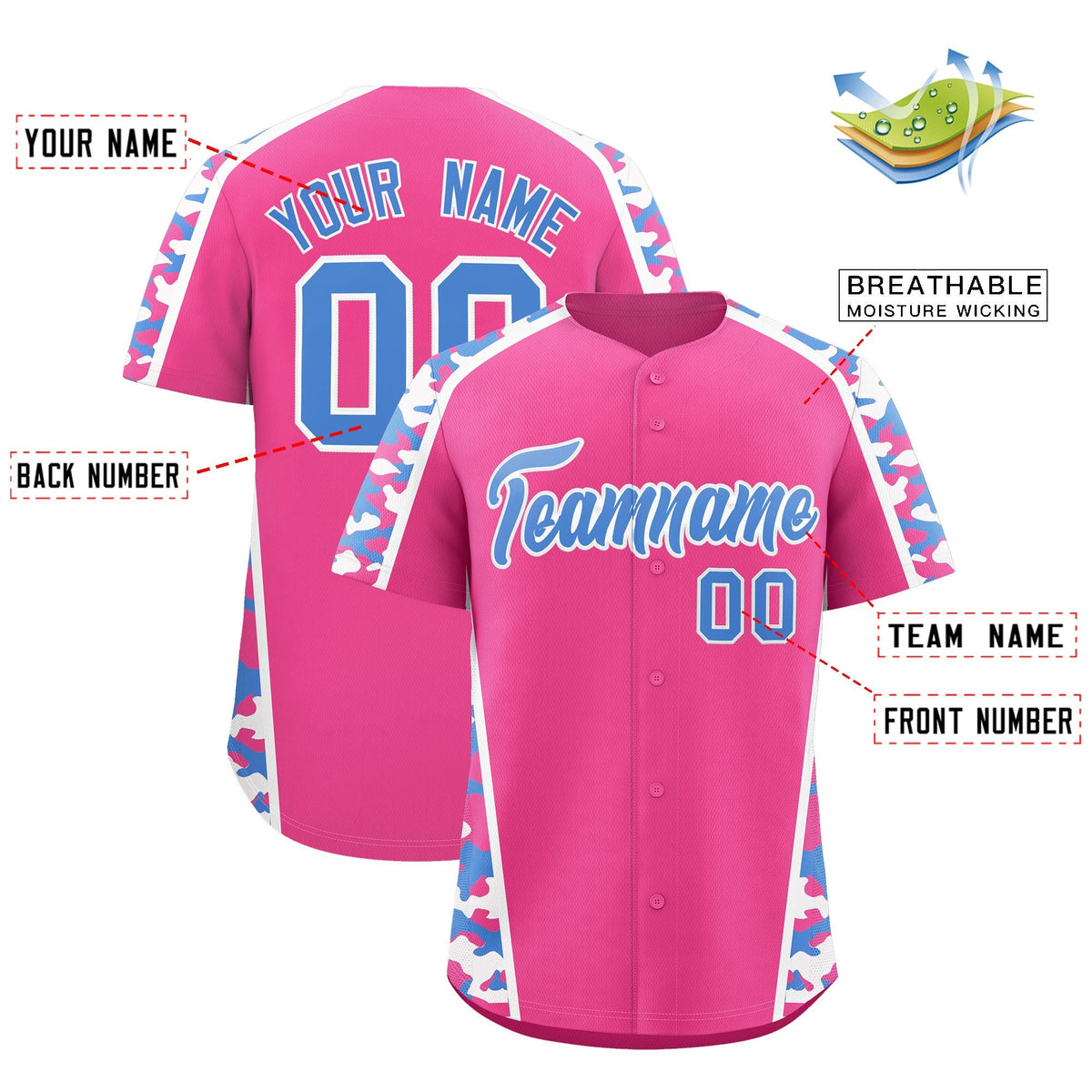 Custom Pink Powder Blue Side Camo Style Personalization Baseball Jersey| KXKSHOP