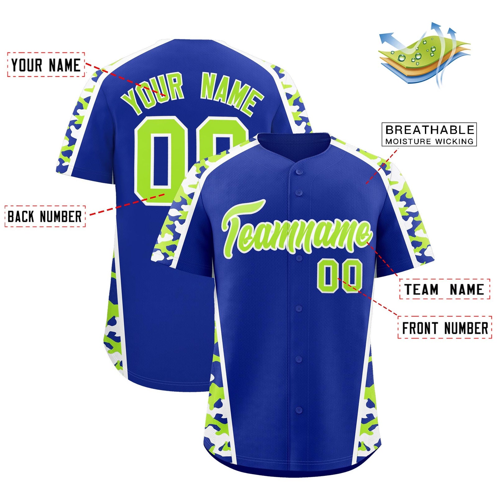 Custom Royal Blue Neon Green Side Camo Style Personalization Baseball Jersey| KXKSHOP