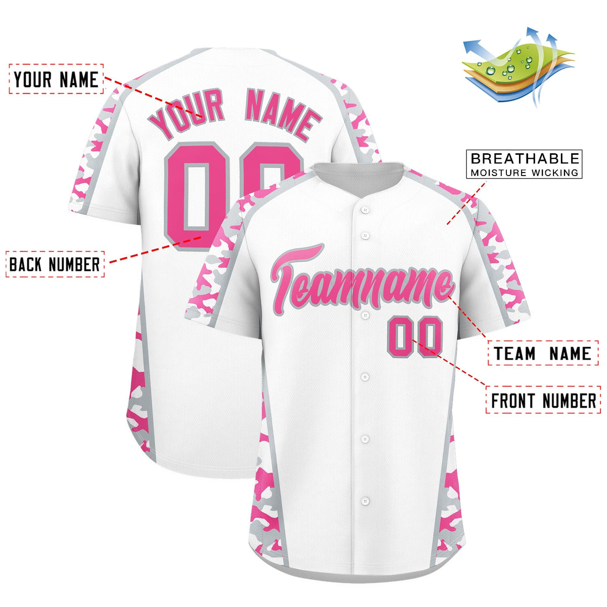 Custom White Pink Side Camo Style Personalization Baseball Jersey| KXKSHOP