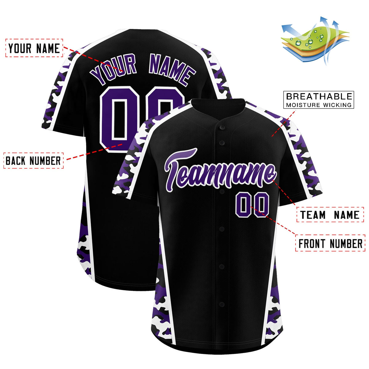 Custom Black Purple Side Camo Style Personalization Baseball Jersey| KXKSHOP